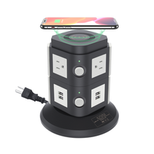 Load image into Gallery viewer, Power Strip Tower with 10W Wireless Charger, QBA Vertical Charging Station 3000W 13A Spin Standing Surge Protector with 6 AC Outlets+4 USB Ports+6.5ft Extension Cord for Home Office Dorm(Black)
