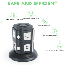 Load image into Gallery viewer, Power Strip Tower with 10W Wireless Charger, QBA Vertical Charging Station 3000W 13A Spin Standing Surge Protector with 6 AC Outlets+4 USB Ports+6.5ft Extension Cord for Home Office Dorm(Black)
