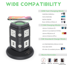 Load image into Gallery viewer, Power Strip Tower with 10W Wireless Charger, QBA Vertical Charging Station 3000W 13A Spin Standing Surge Protector with 6 AC Outlets+4 USB Ports+6.5ft Extension Cord for Home Office Dorm(Black)

