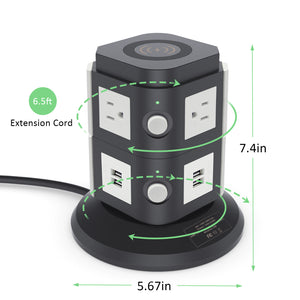 Power Strip Tower with 10W Wireless Charger, QBA Vertical Charging Station 3000W 13A Spin Standing Surge Protector with 6 AC Outlets+4 USB Ports+6.5ft Extension Cord for Home Office Dorm(Black)