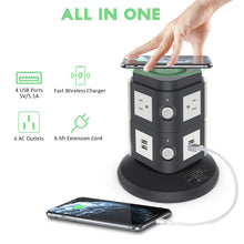 Load image into Gallery viewer, Power Strip Tower with 10W Wireless Charger, QBA Vertical Charging Station 3000W 13A Spin Standing Surge Protector with 6 AC Outlets+4 USB Ports+6.5ft Extension Cord for Home Office Dorm(Black)

