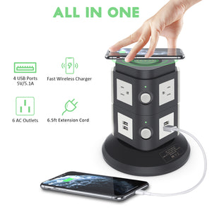 Power Strip Tower with 10W Wireless Charger, QBA Vertical Charging Station 3000W 13A Spin Standing Surge Protector with 6 AC Outlets+4 USB Ports+6.5ft Extension Cord for Home Office Dorm(Black)